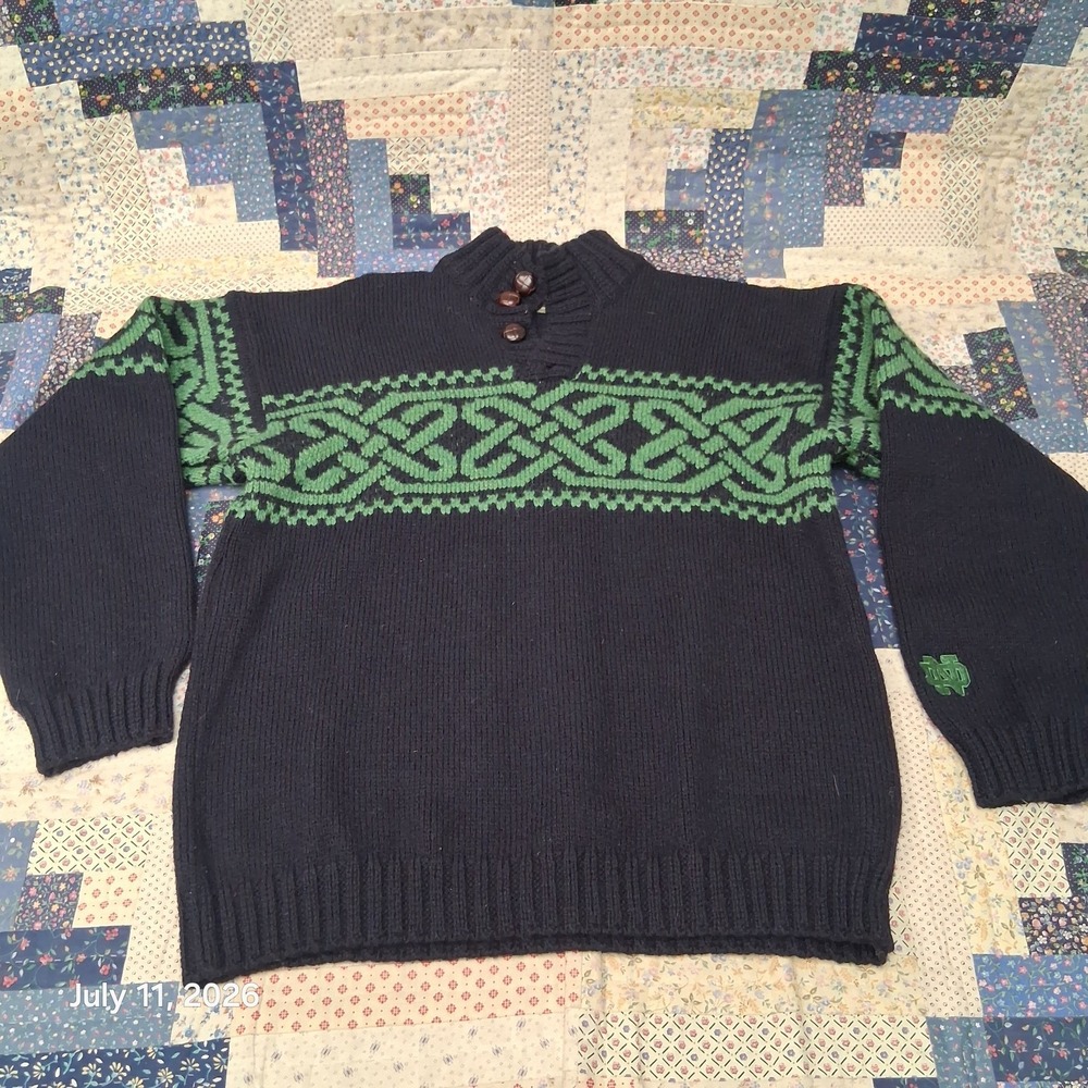 Carraig Donn Notre Dame Merino Wool Navy Blue Celtic Green Sweater Large Ireland